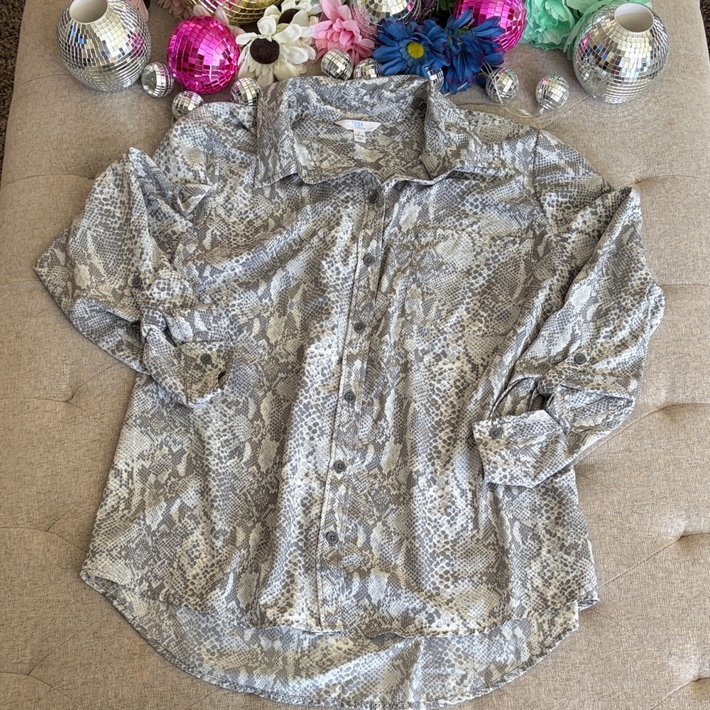 Gray Snake Print Button-Up Blouse